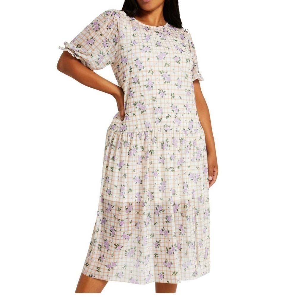 River Island beige purple Window pane floral lace drop waist midi dress 24 NWT